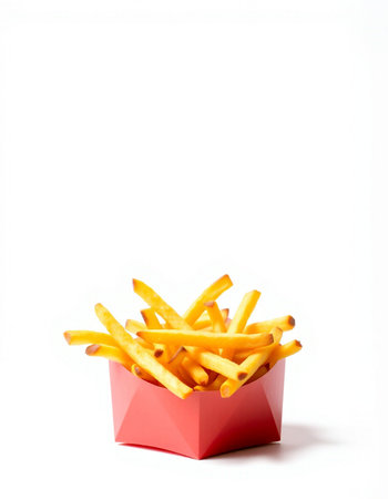 French fries in a red box on a white background. Isolatedの写真素材