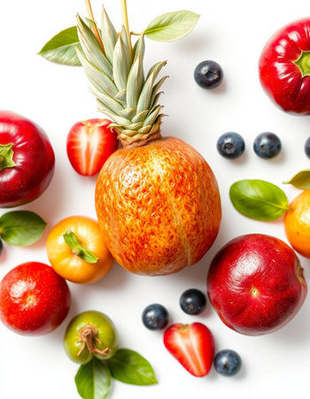 Fresh fruits on white background. Healthy food concept. Top view.