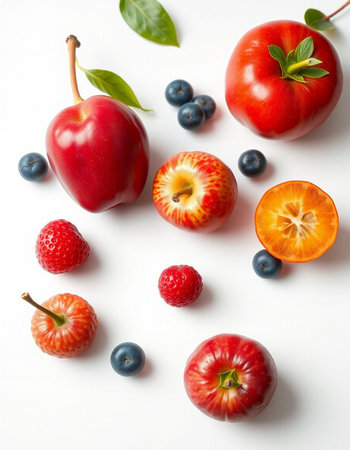 Red apples, blueberries, raspberries and strawberries on white backgroundの写真素材