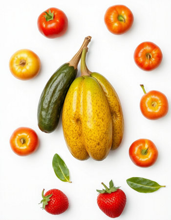 Fruits and vegetables isolated on white background. Flat lay, top viewの写真素材