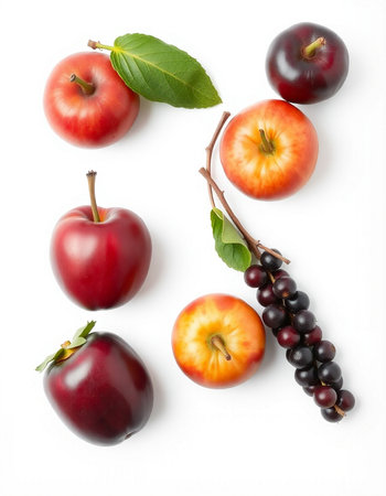 Ripe red apples and black currant with leaves on white backgroundの写真素材