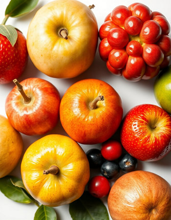 Fruits and vegetables on a white background. Top view. Flat lay.