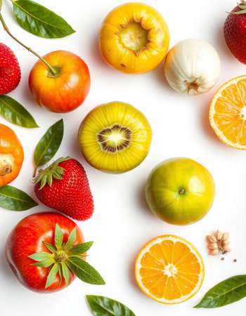 Colorful fruits on white background. Flat lay, top view.の写真素材