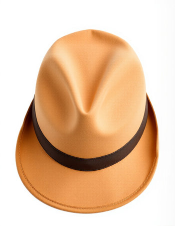 The hat is beige with a brown band, isolated on a white background.の写真素材