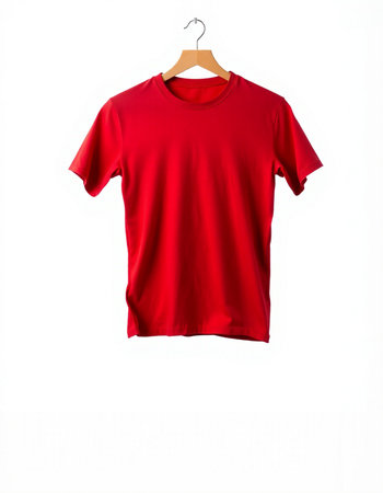Red t-shirt on a hanger isolated on a white backgroundの写真素材