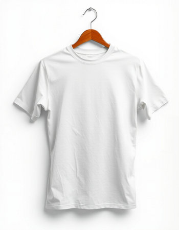White t-shirt on a hanger on a white background.