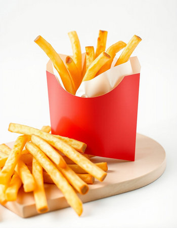 French fries in a red box on a wooden board on white background