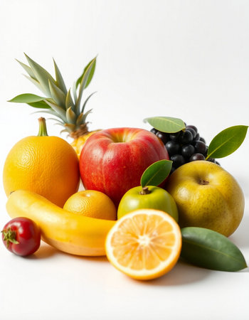 Fresh fruits isolated on white background. Healthy food, diet and nutrition concept.の写真素材