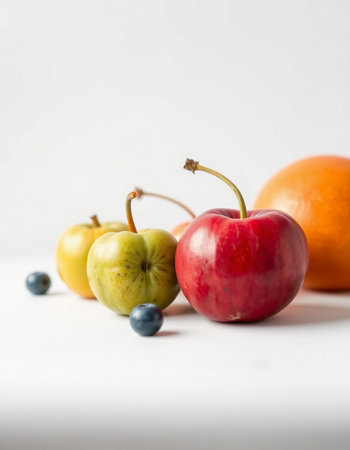 Fruits on a white background. Orange, apple, blueberryの写真素材
