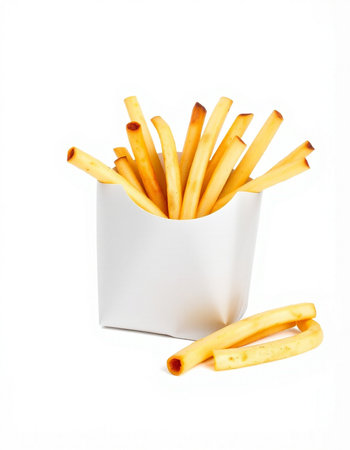 French fries in a white box on a white background. Isolatedの写真素材