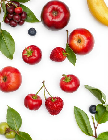 Fruits and berries on white background. Flat lay, top viewの写真素材