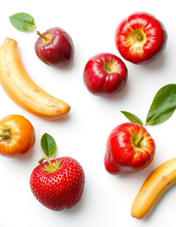 Fresh fruits isolated on white background. Top view. Flat lay.の写真素材