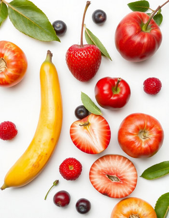 Fruits and berries on white background. Flat lay, top view
