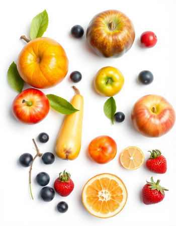 Fruits and berries isolated on white background. Flat lay, top viewの写真素材