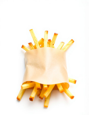 French fries in paper bag isolated on white background. Top view.の写真素材