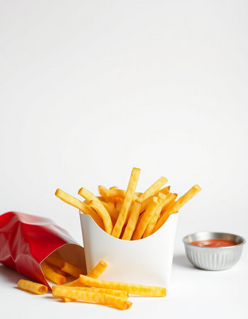 French fries in a paper cup on a white background with ketchupの写真素材