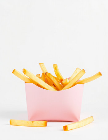 French fries in a pink box on a white background. Fast food.の写真素材