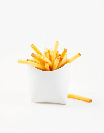 French fries in a white box on a white background. Isolated