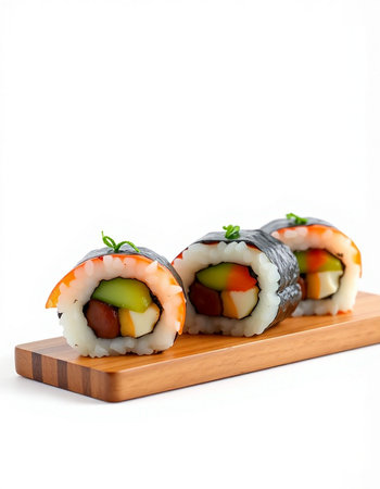 Sushi roll japanese food on wooden board isolated on white backgroundの写真素材