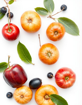 Autumn fruits on white background. Flat lay, top view.の写真素材