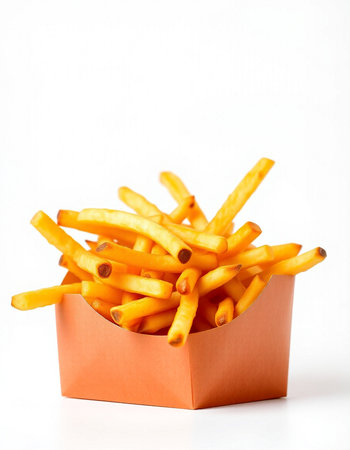 French fries in a paper box on white background. Selective focus.の写真素材