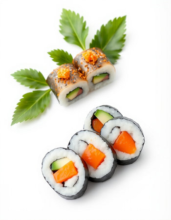 Sushi roll with salmon, cucumber and cream cheese on white backgroundの写真素材