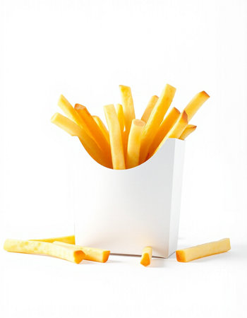 French fries in a white box on a white background. Isolated