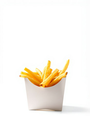 French fries in paper box isolated on white background. Selective focus.
