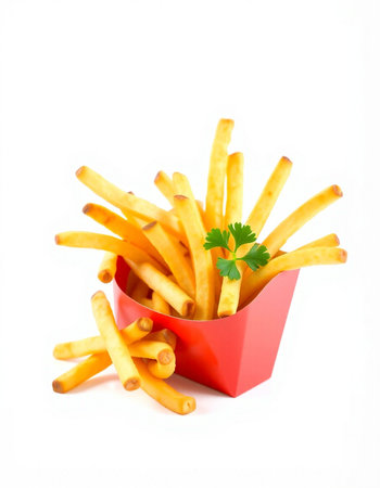 French fries in a red box on a white background. Isolatedの写真素材