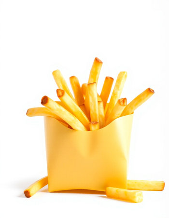 French fries in a yellow box on a white background. Isolated