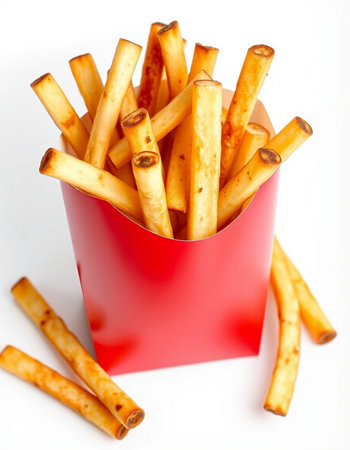 French fries in a red box on a white background, close-up