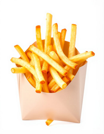 French fries in paper box isolated on white background. Selective focus.