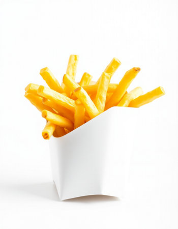 Golden French fries in a white box on a white background, isolated