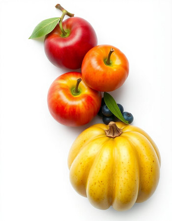 Pumpkin, apple, blueberry and pear isolated on white backgroundの写真素材