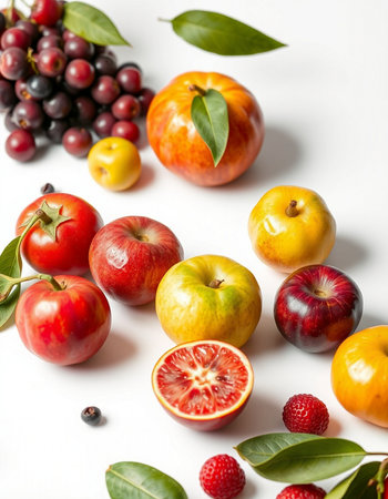 Variety of fresh fruits on white background. Healthy food concept.の写真素材
