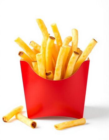 French fries in a red box on a white background. Isolated