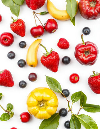 Fruits and berries on white background. Flat lay, top view
