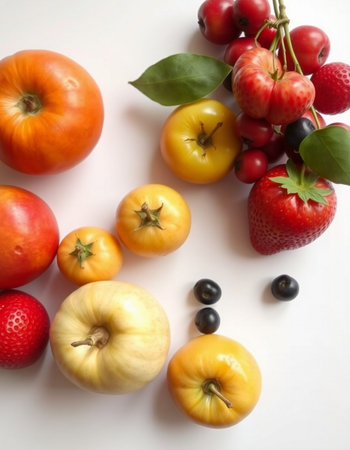 Various fresh fruits and vegetables on a white background. Top view.