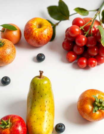 Fruits and berries on a white background. View from above.の写真素材