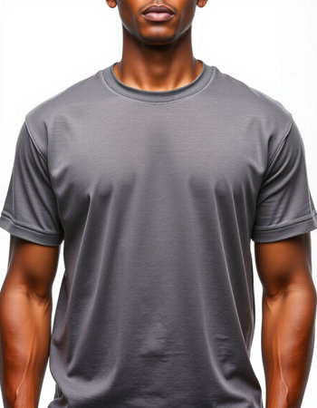 Close-up of black man in blank grey t-shirt on white backgroundの写真素材