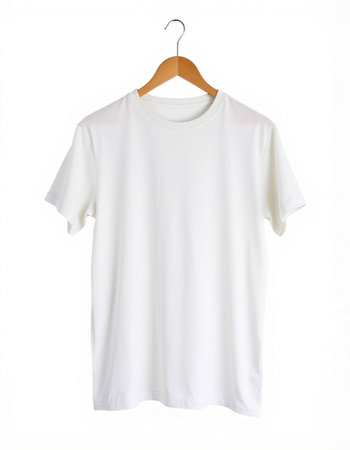 White t-shirt on wooden hanger isolated on white background.の写真素材