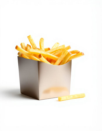 Golden French fries in a box isolated on white background. Fast food concept.