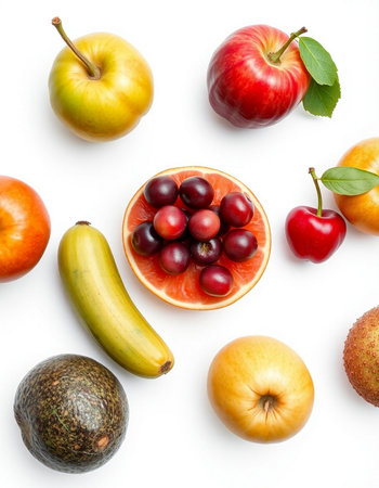 Fruits collection isolated on white background. Flat lay, top viewの写真素材