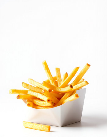 French fries in a white box on a white background. Selective focus.