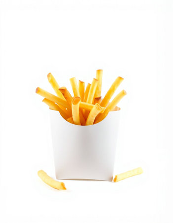 French fries in a white box on a white background. Isolated