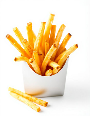 French fries in a white box isolated on white background. Selective focus.