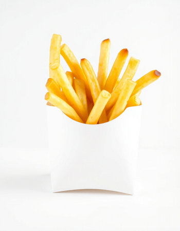 French fries in a white box on a white background. Isolated