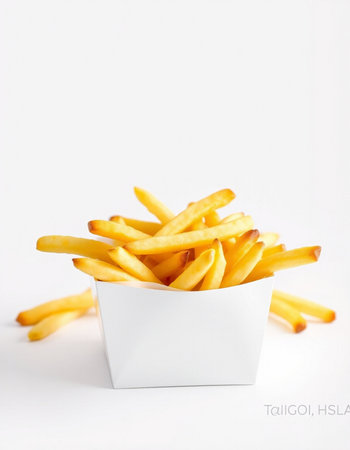 French fries in a white box on a white background. Selective focus.