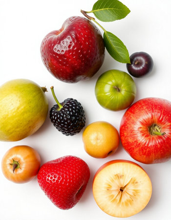 Fresh fruits isolated on white background. Top view. Flat lay.の写真素材