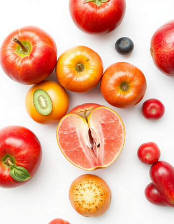 Tomatoes, grapefruit and an assortment of fruits on a white background.の写真素材